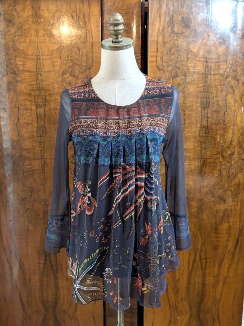 Desigual Sheer Mesh Sleeve Blouse Top S Boho Butterfly Floral Pleated Colorful